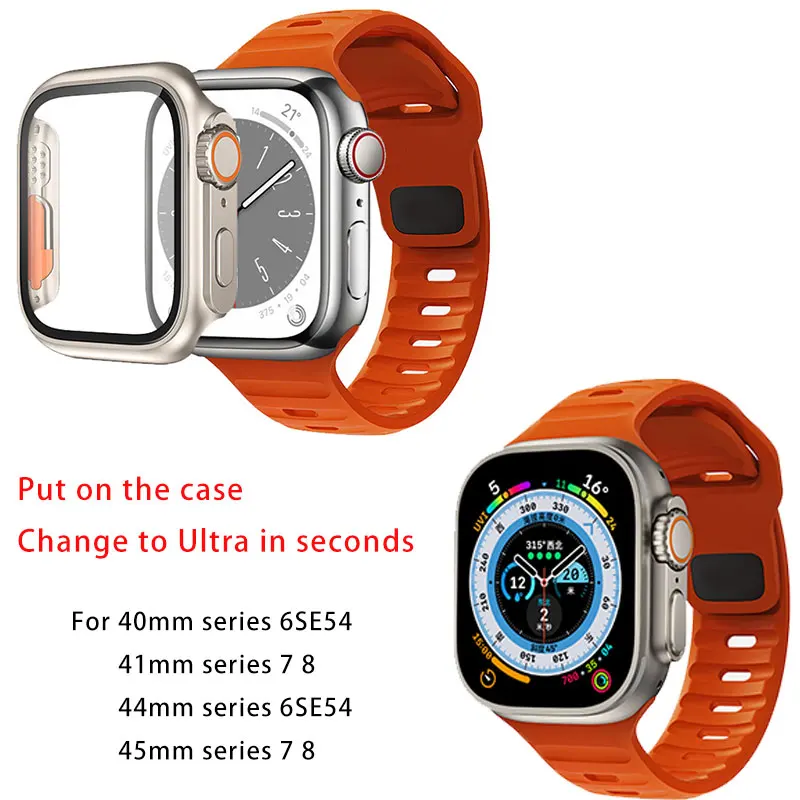 Case+Strap For Apple Watch Band 45mm 44mm 41mm 40mm Silicone Bracelet iWatch 3 4 5 6 SE 7 8 9 38mm 42mm Change To Ultra Case