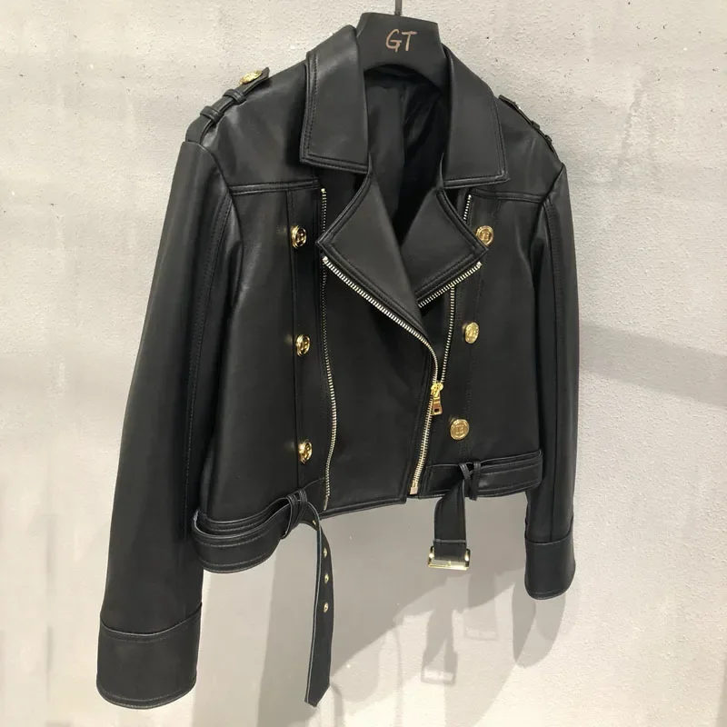 Women's Fashion Genuine Leather Jacket Double Breasted Turn-Down Collar Short Length Spring Autumn Coat Sizes M-XXL