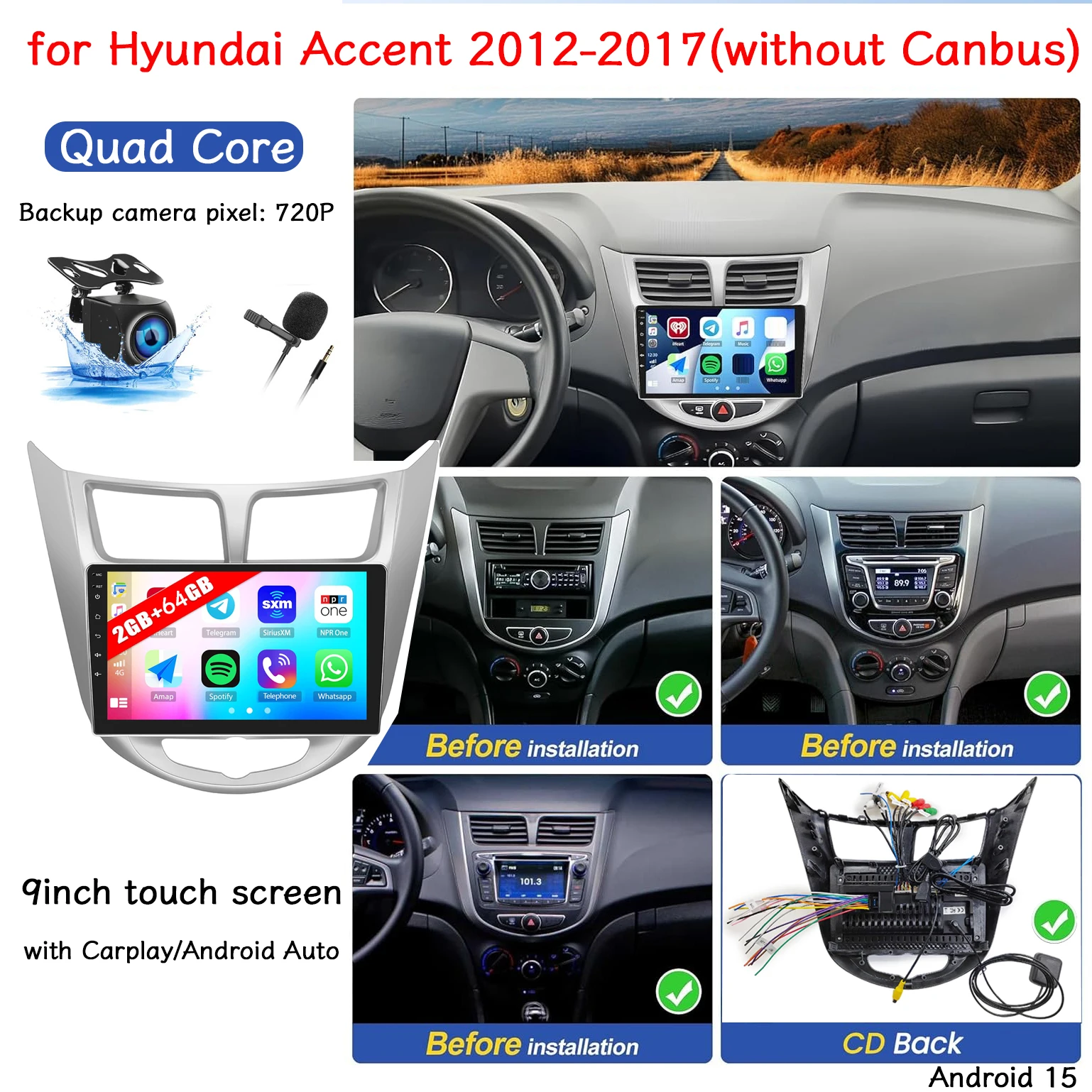 9''Android15 Car Stereo Radio GPS Navi for Hyundai Accent 2012-2017 with Carplay/Android Auto 2+64G WiFi Bluetooth RDS Quad Core