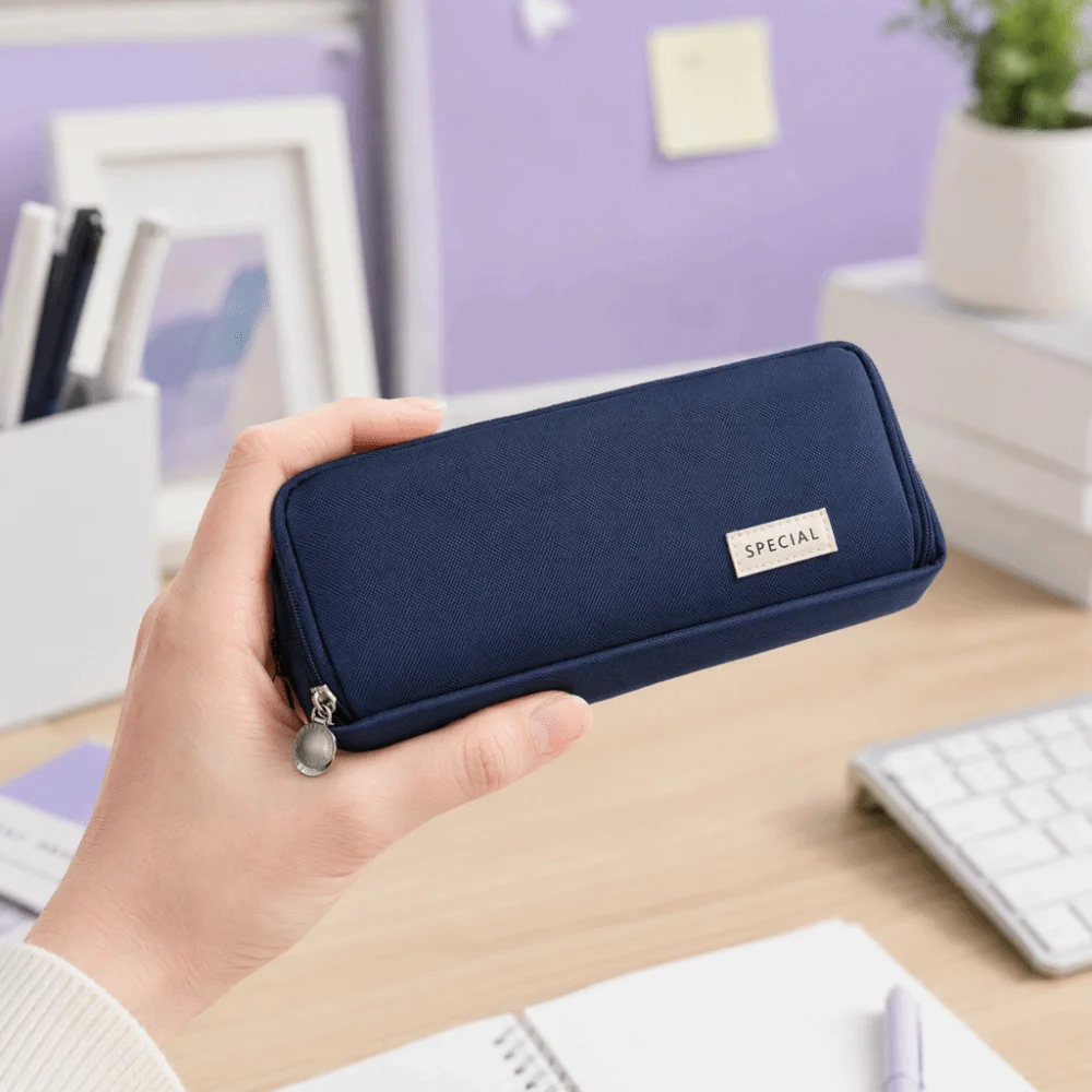 Large Capacity Minimalist Pen Bag Zippered Multi-functional Solid Color Pencil Pouch Oxford Cloth Space Saving