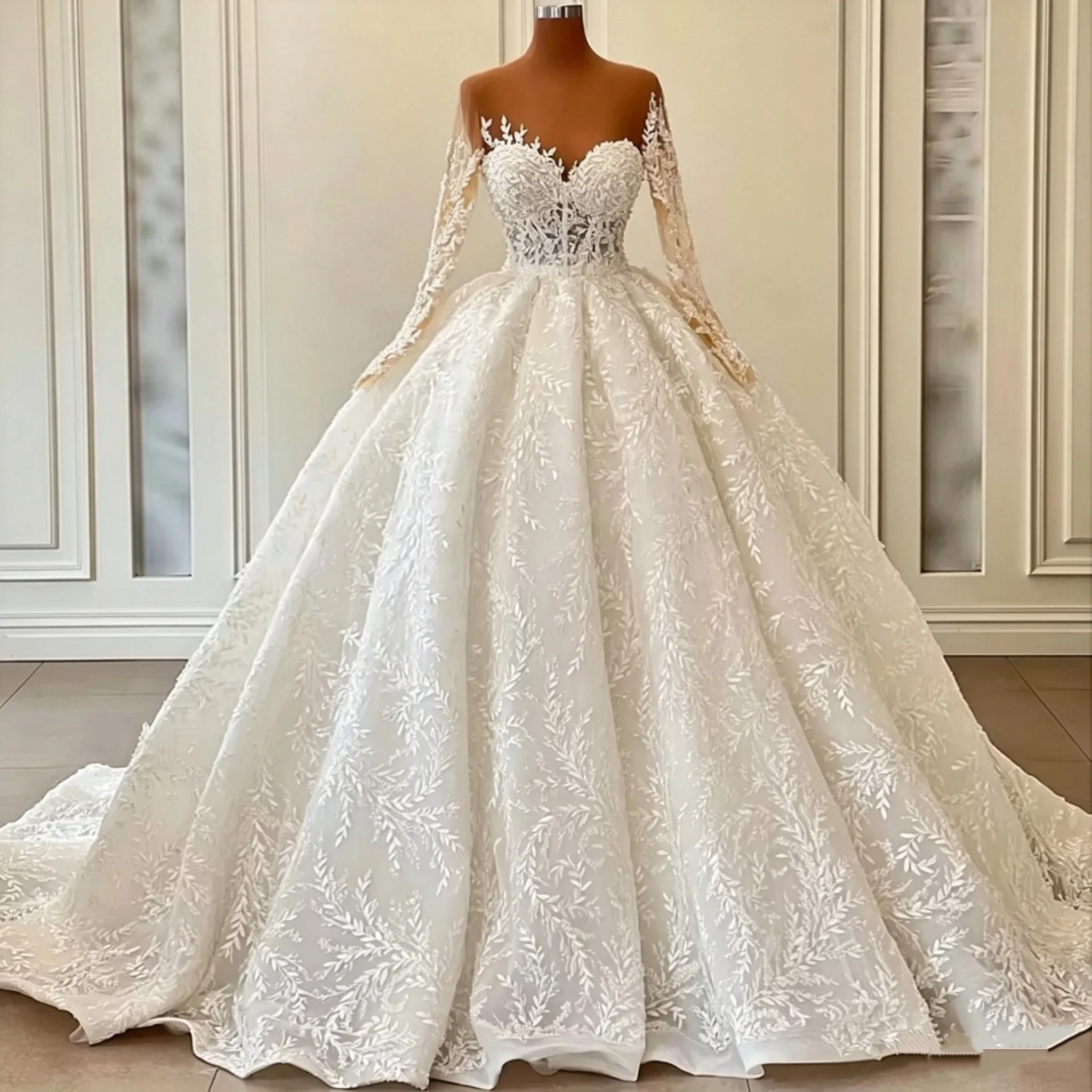 Luxury Sweetheart Ball Dress Wedding Dress Transparent Long Lace Sleeves Embroidered Cathedral Train Princess Bride Dress Custom