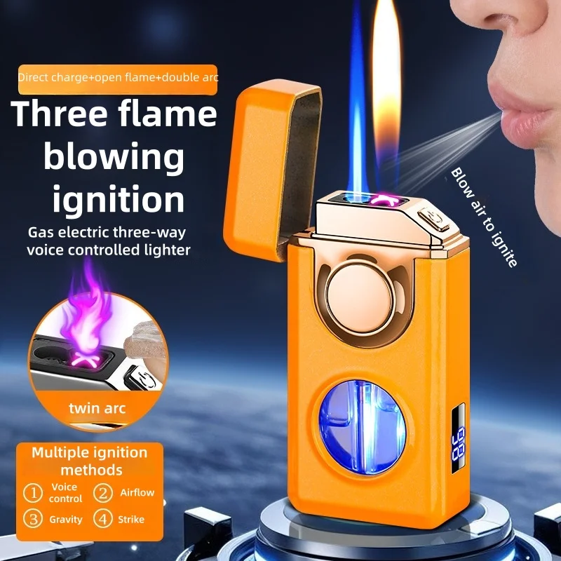 

Trendy Voice Controlled Chip Gas Electric Three Purpose Windproof Lighter Three Fire Ignition Open Flame Direct Fire Lighter