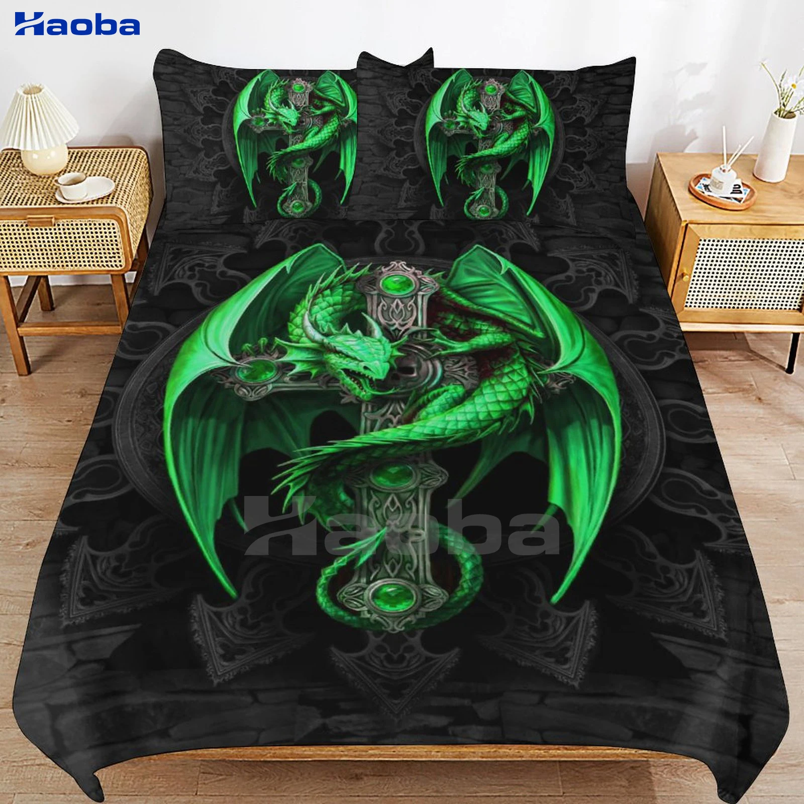 Green Dragon With Cross Print Three Piece Bedding Set Children or Adults for Beds Quilt Covers Birthday Gifts for Women Men