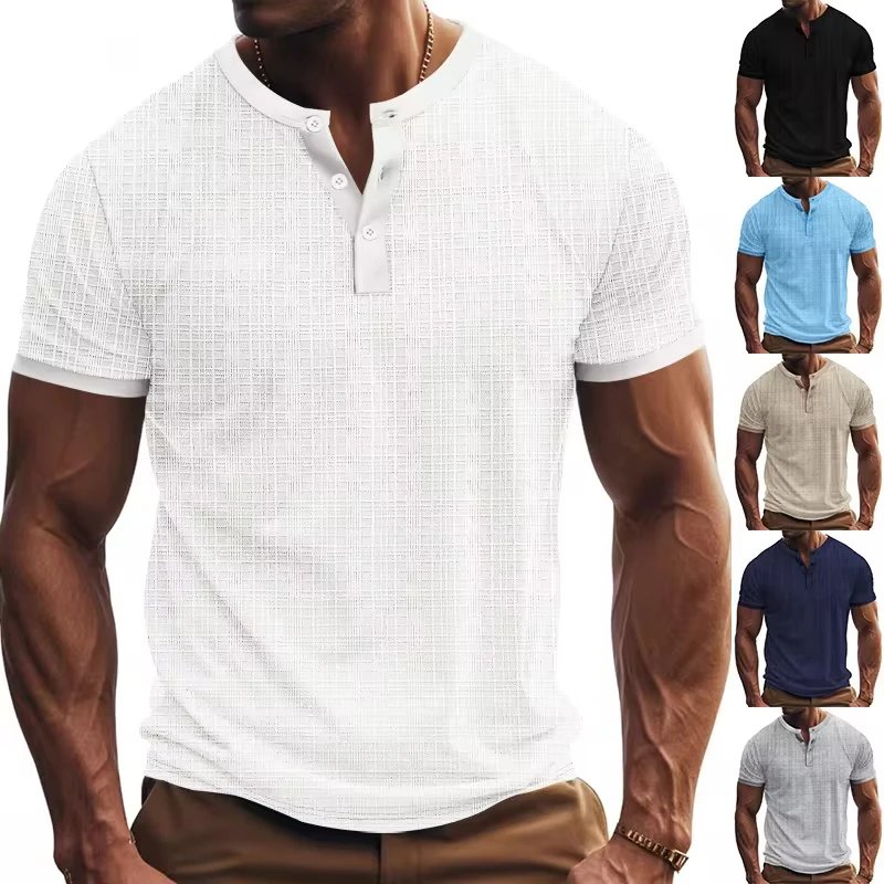 American Summer T-shirt Men's Short-sleeved Hemp Joint Loose Breathable Casual Henry Shirt Top