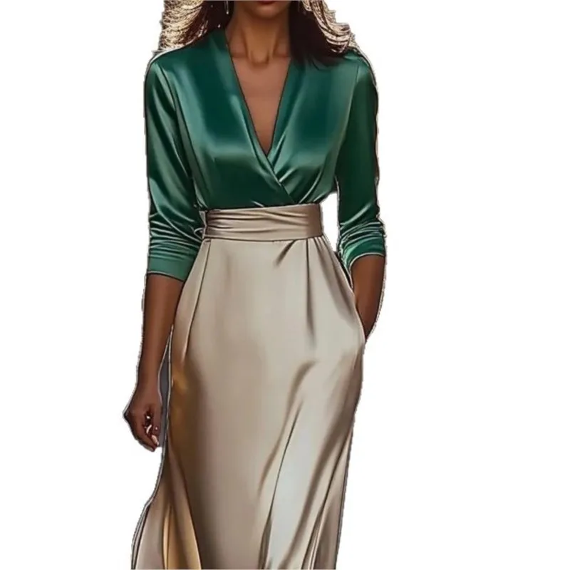 Women's  Satin Wrap Top Beige Skirt Maxi Dress V Neck Long Sleeve High Waist Evening Party Gown with Pockets view 2