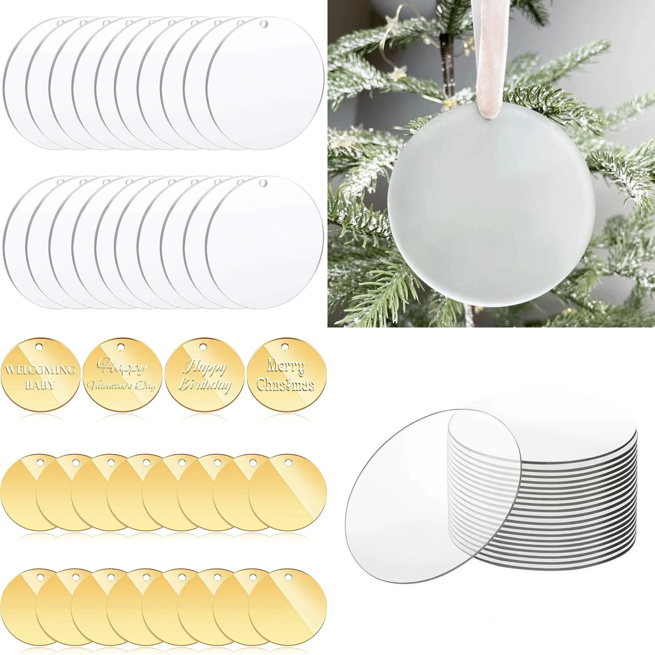 2/3/4‘’Frosted, Clear, Gold Acrylic Round Sheet with Hole, for Art Project, Painting, DIY Craft, Engraving,Holiday Decoration