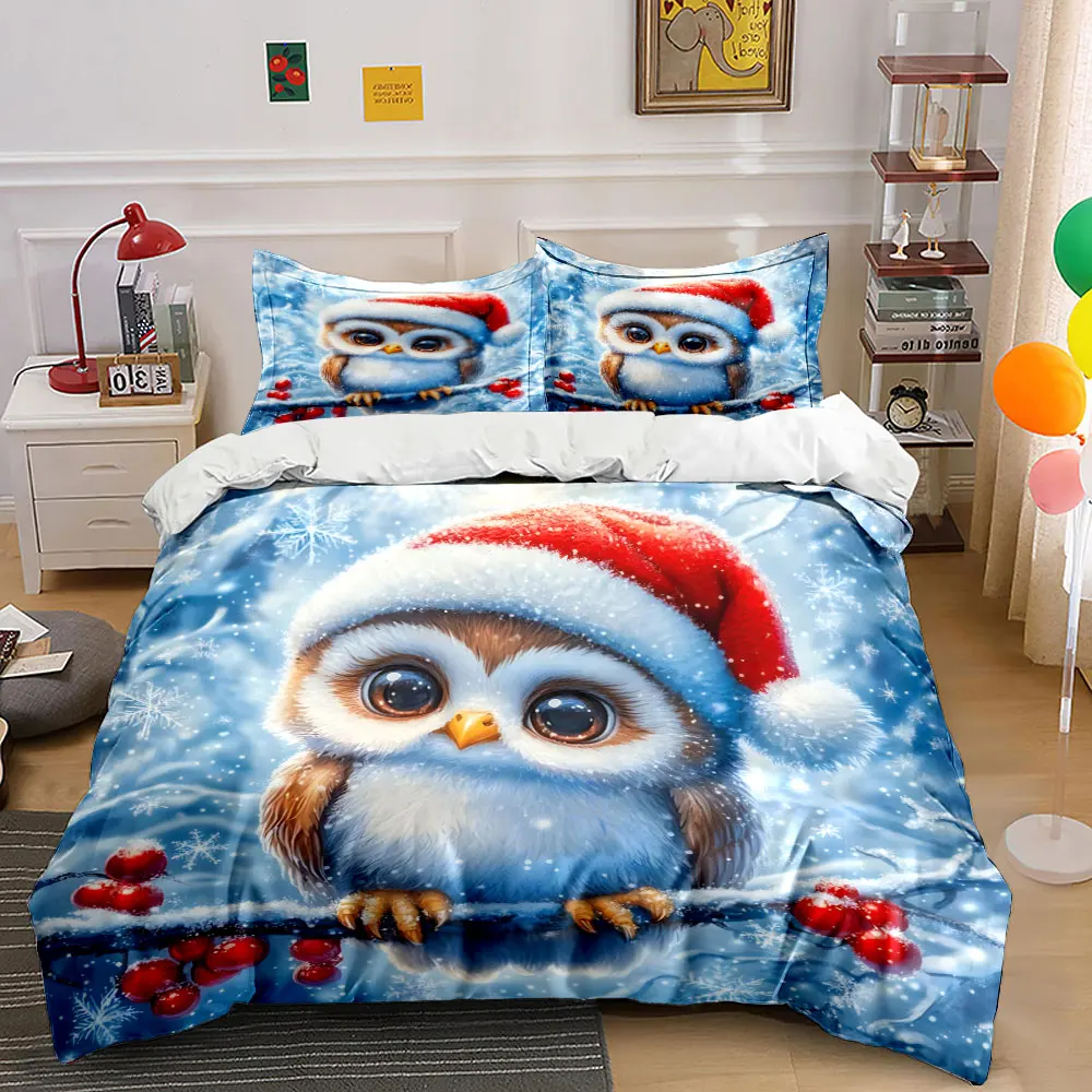 Adorable owl in Santa hat perches on snowy branch Print Duvet Cover Bedding Set Included 1*Duvet Cover 2*Pillowcases