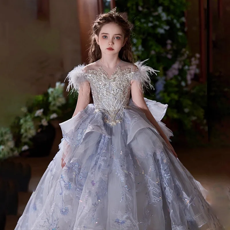 Girls' Evening Dress Exquisite High-end Heavy Craft Host Girl Princess Dress Children's Piano Performance Catwalk Show Costume