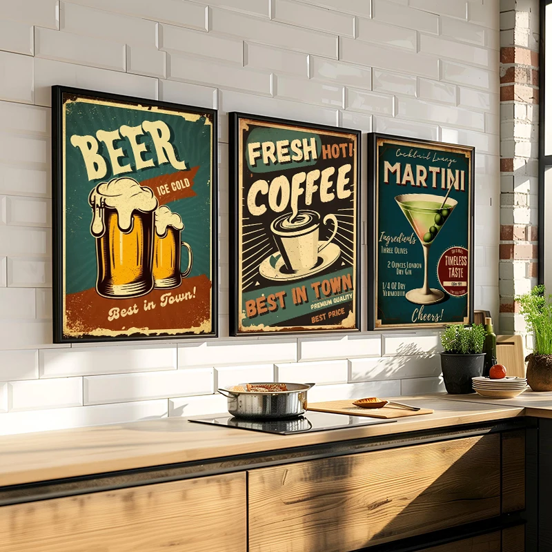 Retro Drink Cocktail Poster Vintage Advertisement Martini Beer Whiskey Coffee Canvas Painting Wall Art for Bar Room Home Decor