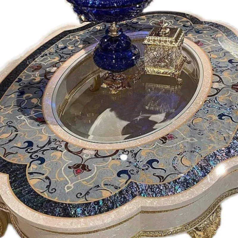 

French solid wood colored shell parquet oval tea table luxury European court coffee table