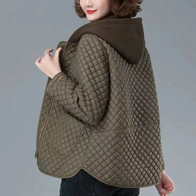 Fashion Lightweight Cotton-Padded Coat Women Autumn Winter Cotton Coat Hooded Jacket Loose Casual Plaid Parkas Outwear