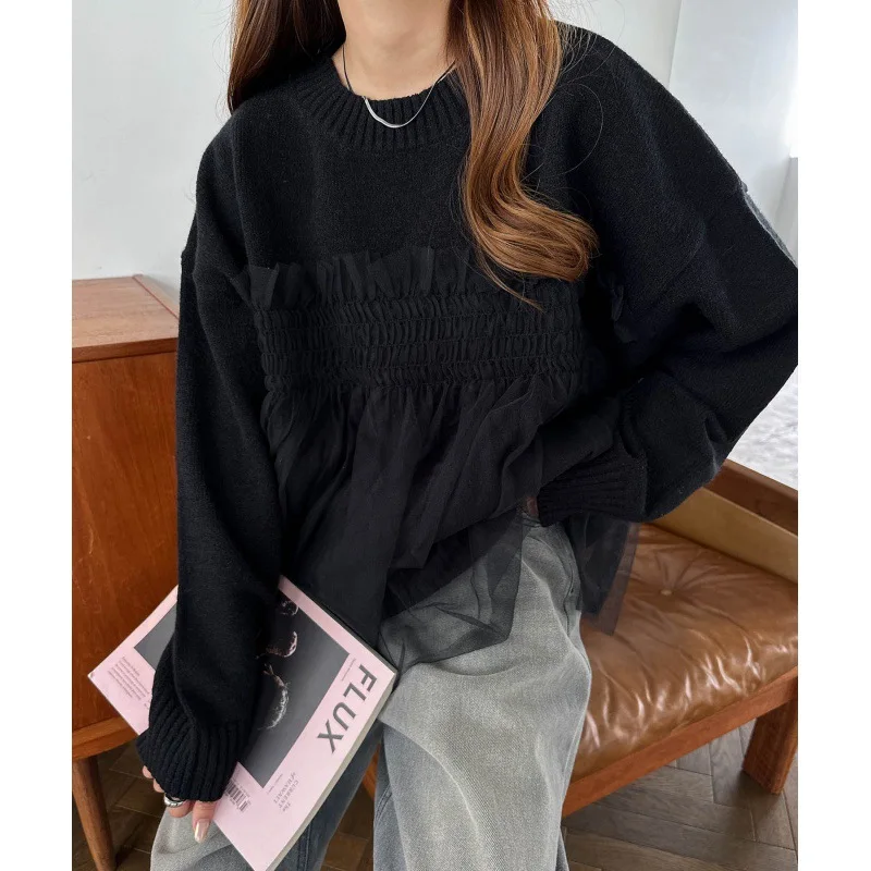 2025New Heavyweight Rabbit Velvet Core Spin Yarn Knitted Sweater Mesh Splicing Fake Two-Piece Women's Knitted Top