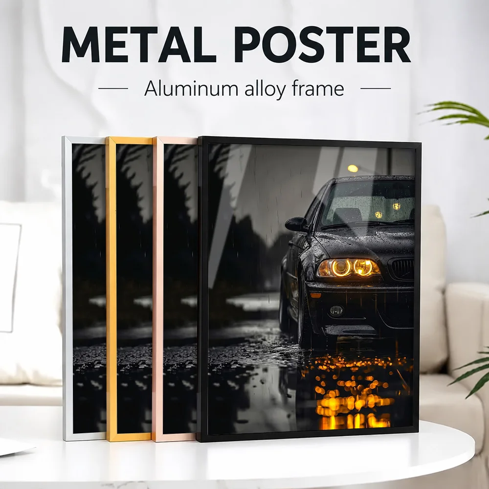 Sleek Black M3 E46 Car In The Rain Metal Poster With Aluminum Alloy Frame Personalized Photo Modern Style Wall Art For Bedroom