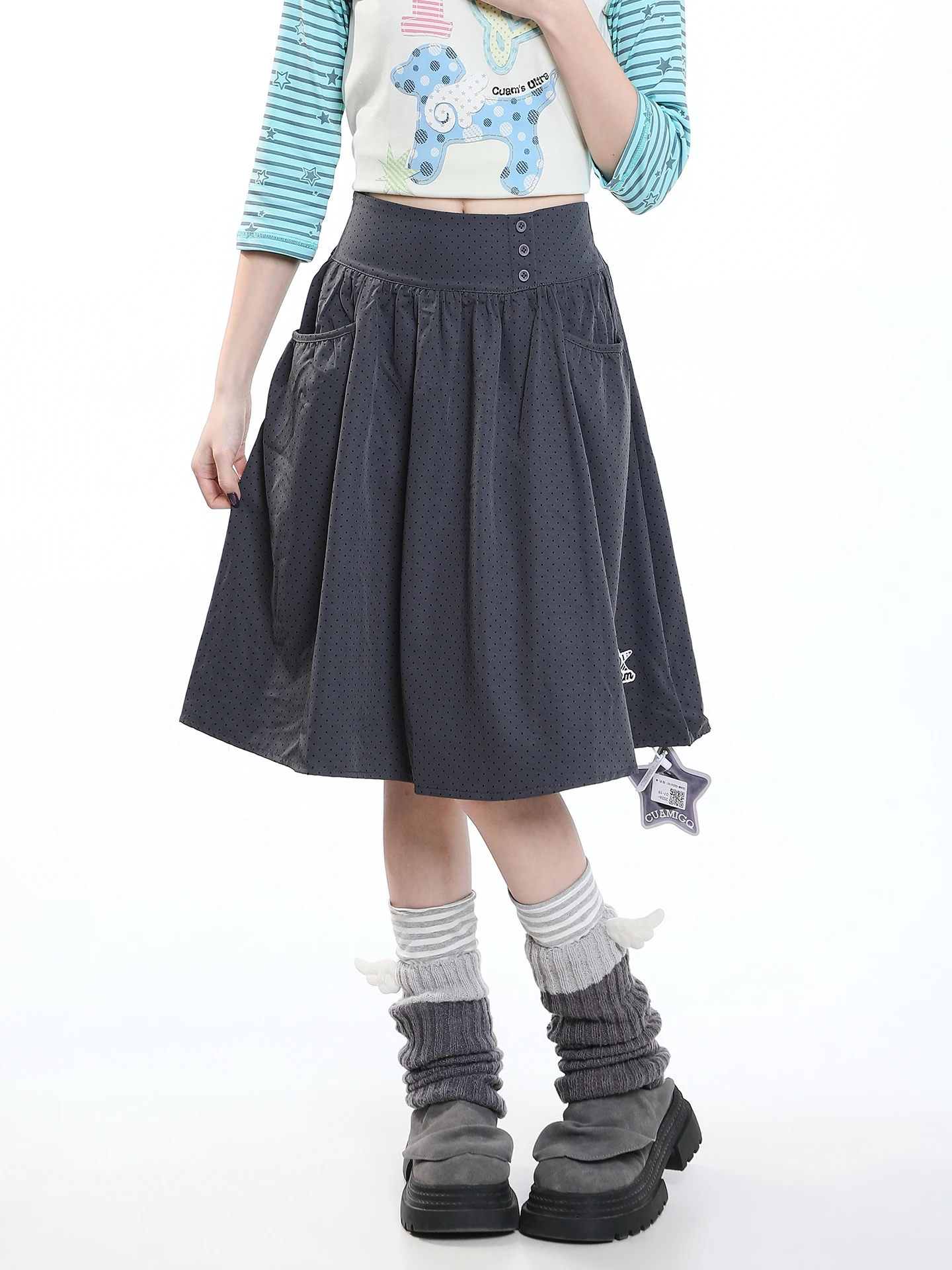High Waist A-Line  Skirt Women's Casual Style Korean School Girl Sensation Slimming Vintage Mid-Length Skirt