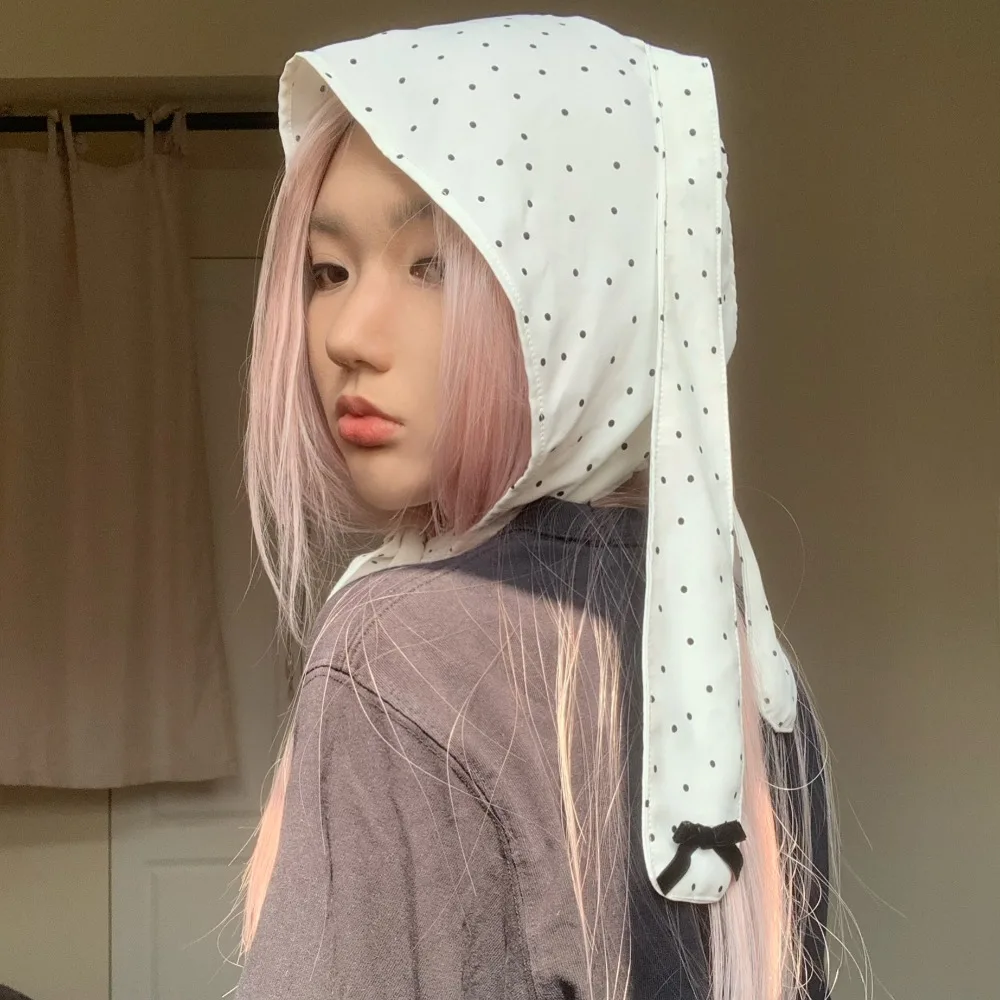 

Elegant Y2K Korean Lop Ear Rabbit Hat Sweet Polka Dot Floral Hair Scarf Cherry Peach Pullover Cap Girls