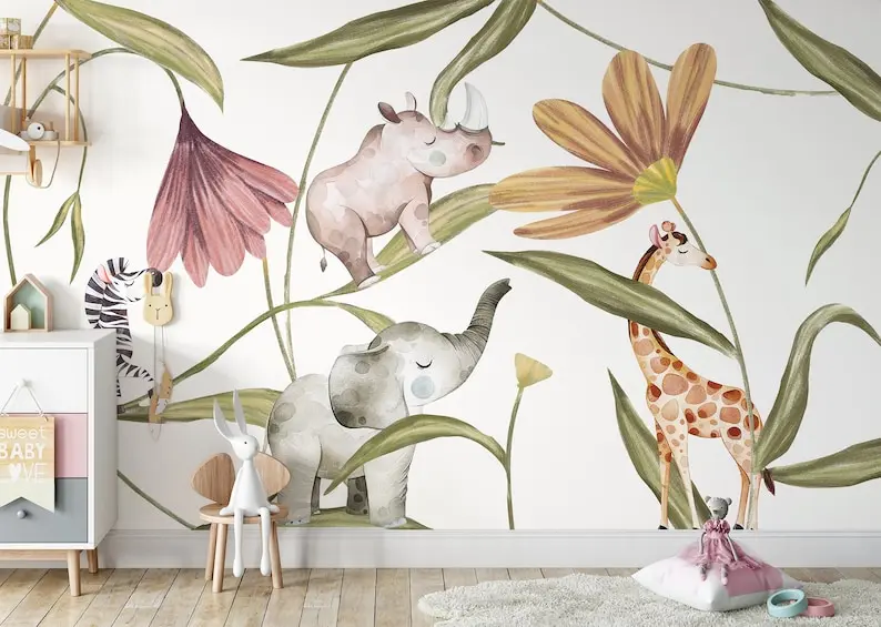 Kids Wallpaper Peel and Stick Safari Animals with Flowers Wall Mural