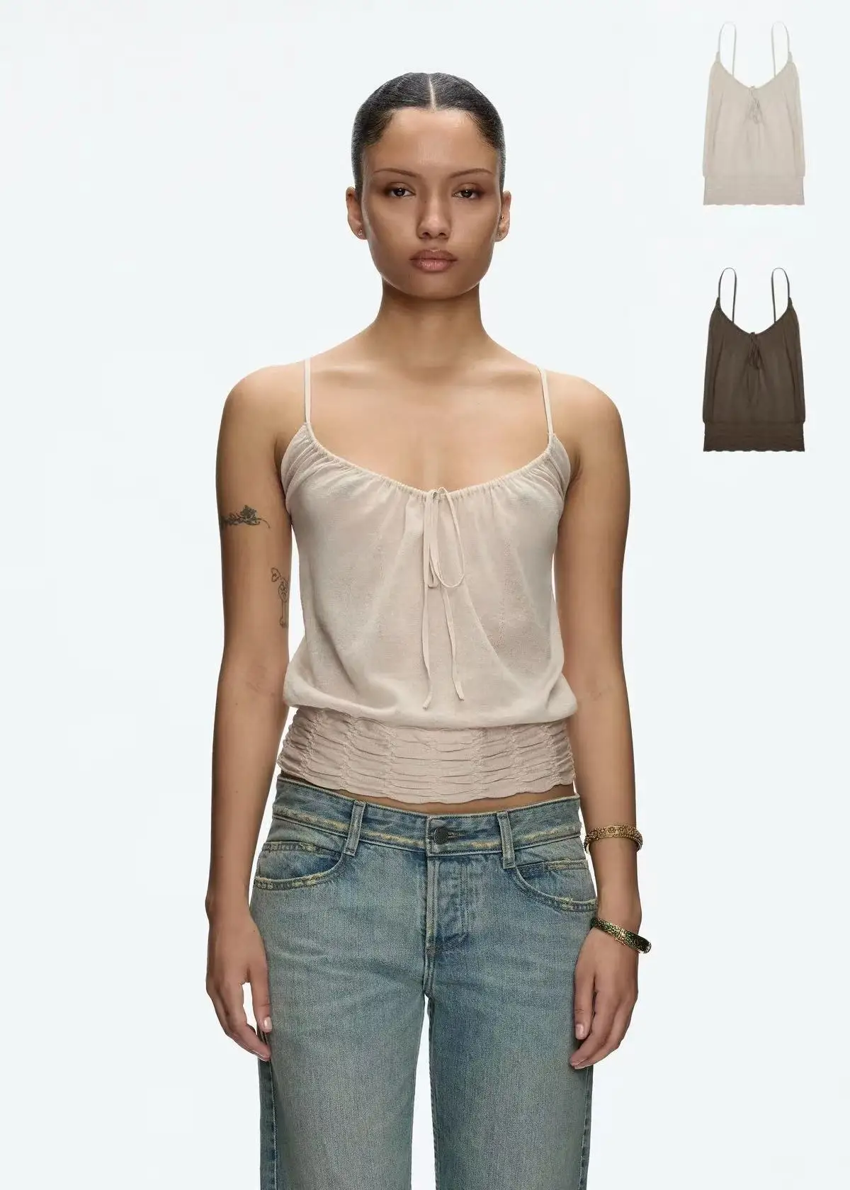 

Майка абрикосового цвета, ультра-прозрачный ультратонкий вязаный жилет на подтяжках, плиссированный дизайн на шнурке, коричневый топ