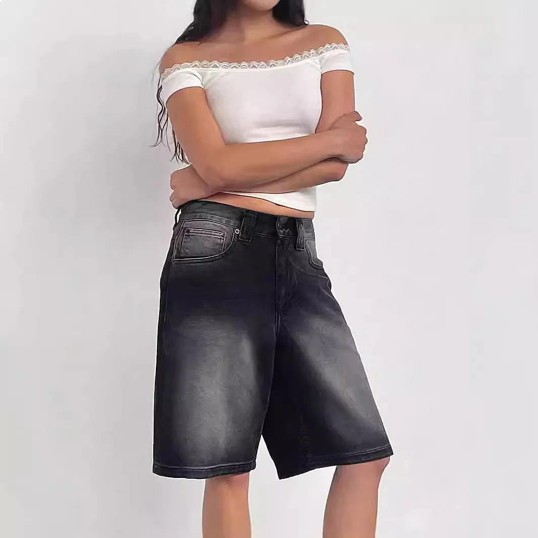 Jean Shorts for Women Loose Fit Retro Rigid Denim Bermuda Jeans Spring Summer