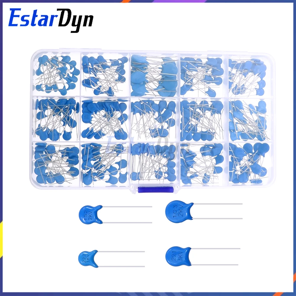 High Voltage Ceramic Capacitor Assortment Kit, 300pcs 15 Values (1nF 10nF 22nF), 1KV 2KV 3KV for DIY Electronics