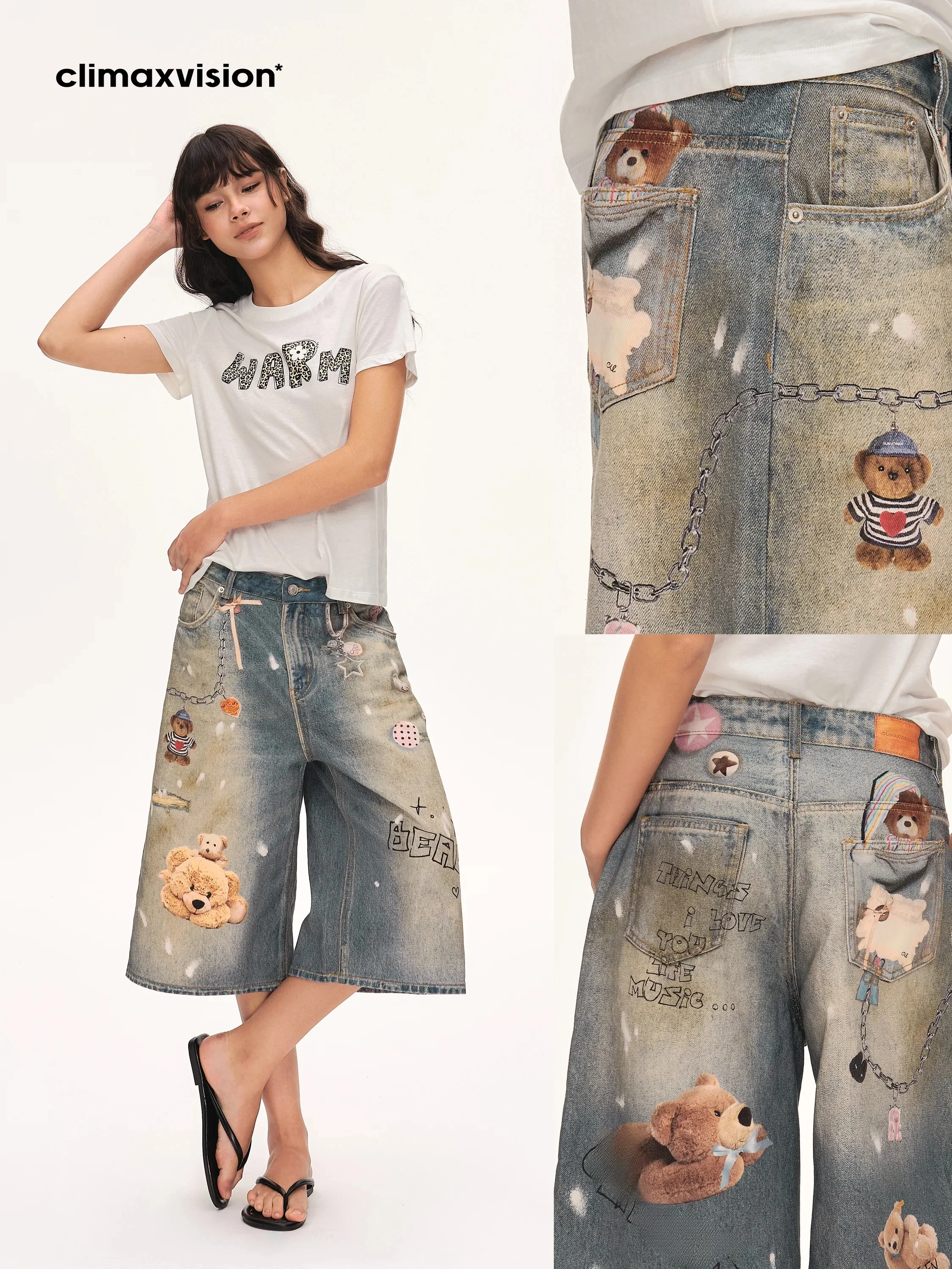Pantalones vaqueros de mujer Climax Vision3D con estampado de oso, lavado desgastado, corte recto, casuales, de algodón, para damas