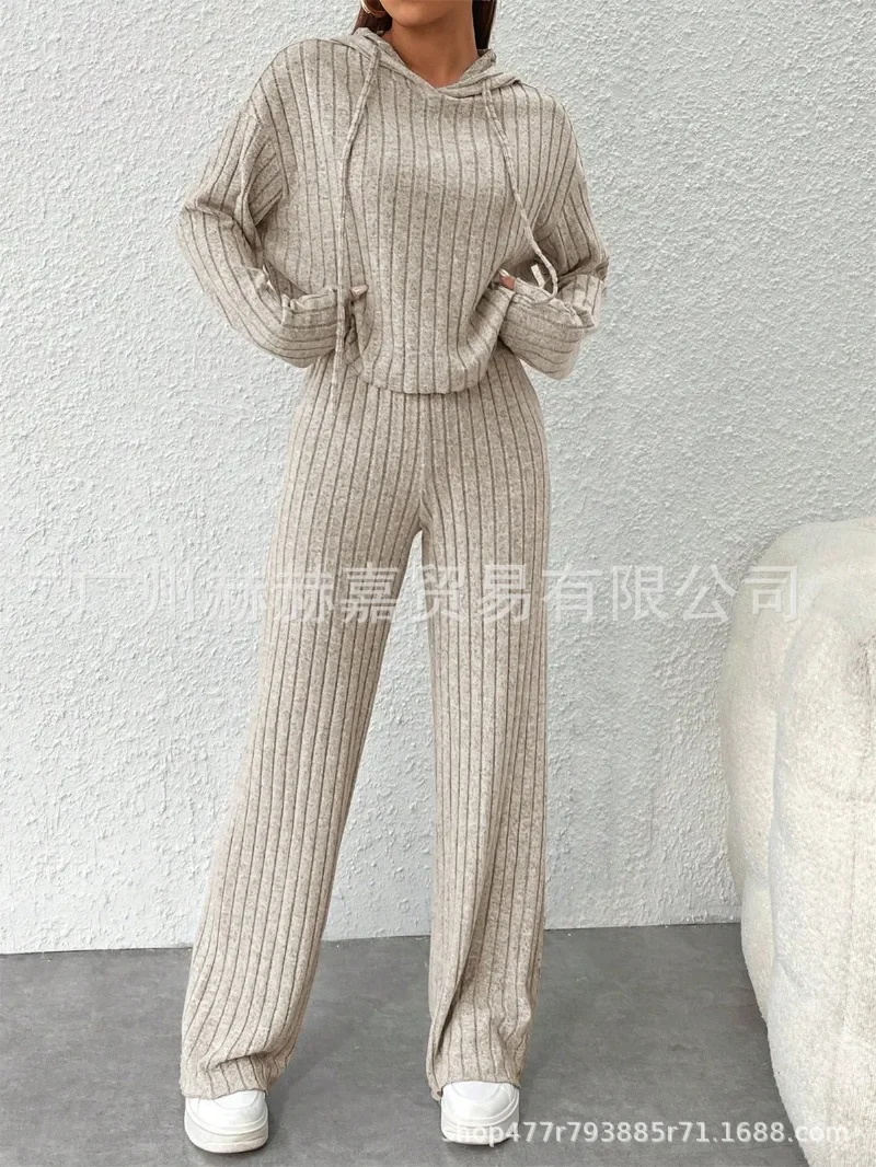 Autumn and Winter Leisure Knitted Long Sleeved Women\'s Set Foreign Trade Hooded Sweater Loose Pants Two Piece Set for Women