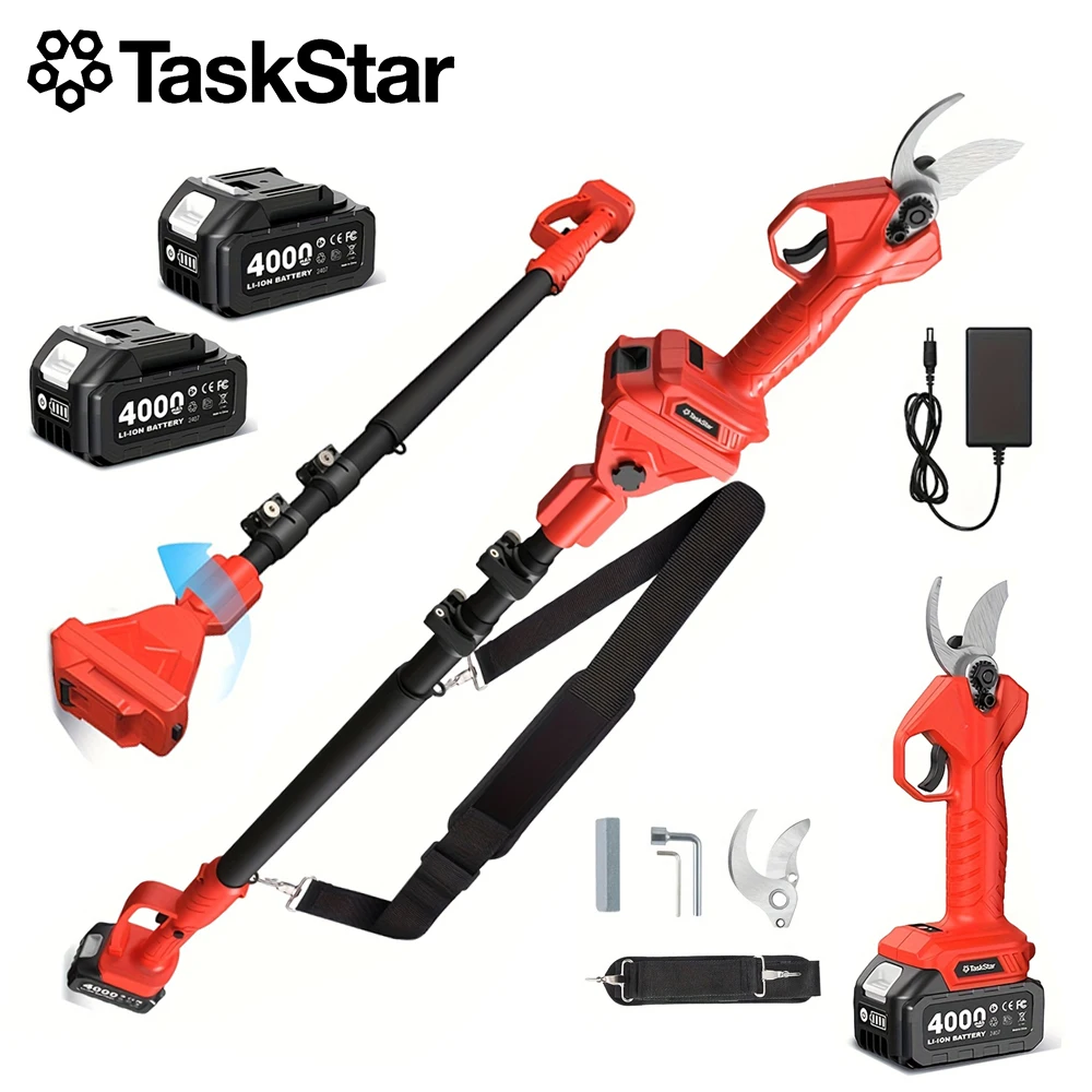 

Электрические секаторы TaskStar 2-в-1 с телескопической штангой, максимальный радиус действия 15 футов, садовый электроинструмент, ножницы для веток с 2 аккумуляторами 4.0 Ач