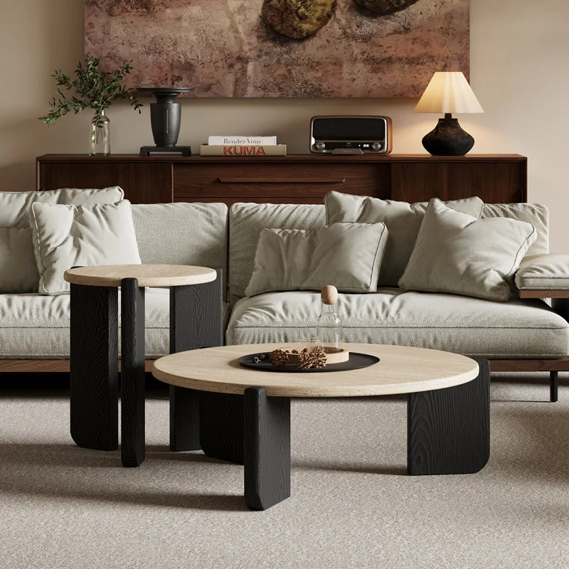 Wabi Sanfeng minimalist solid wood travertine coffee table medium and ancient style small apartment living room household round