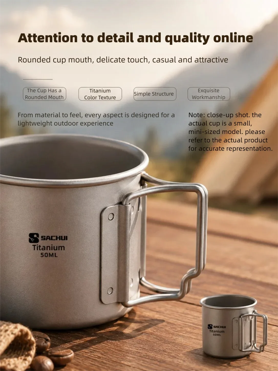 50ml Reiner Titan Mini Outdoor Ultraleichter Tragbarer Tee- und Kaffeebecher mit Klappgriff Camping-Wasserbecher Wander-Reise-Geschirr – Detail 10