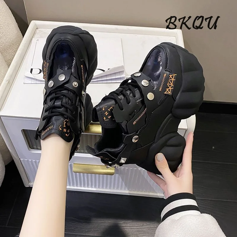 BKQU Laser Daddy Shoes 2024 Fall New Inside Elevating Super High Heel 11CM Casual Sports Muffin Women's Shoes Metal Decoration