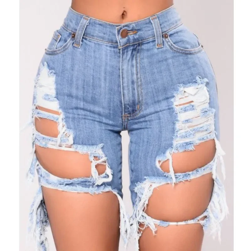 

Women Denim Ripped Shorts High Waist Draped Destroyed Stretch Bodycon Pencil Slim Shorts Summer Club Street Sexy Holes Shorts