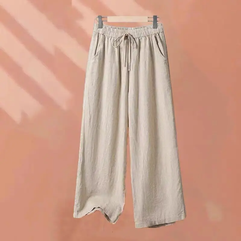 High Waist Cotton Linen Wide Leg Pants Women's Summer New Style Thin Drawstring Straight Cut Trousers Soft Comfortable Casual