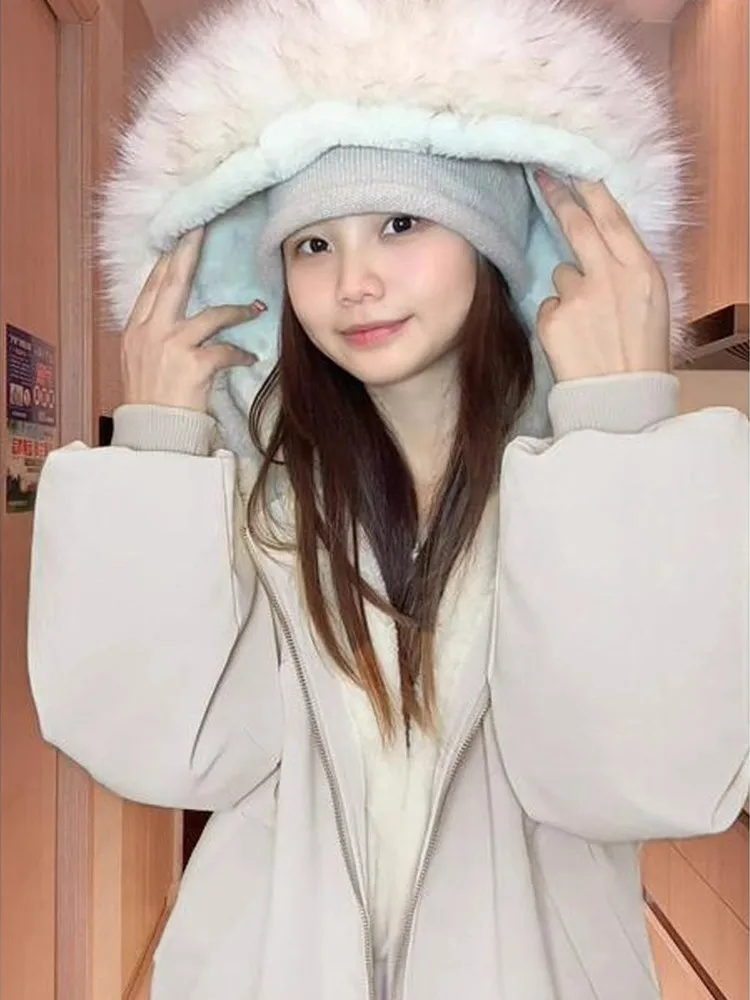 Nuovo Cappotto Primaverile da Donna in Cotone con Cappuccio e Pelliccia Sintetica, Design Aquila Marmorizzata, Vestibilità Ampia e Calda