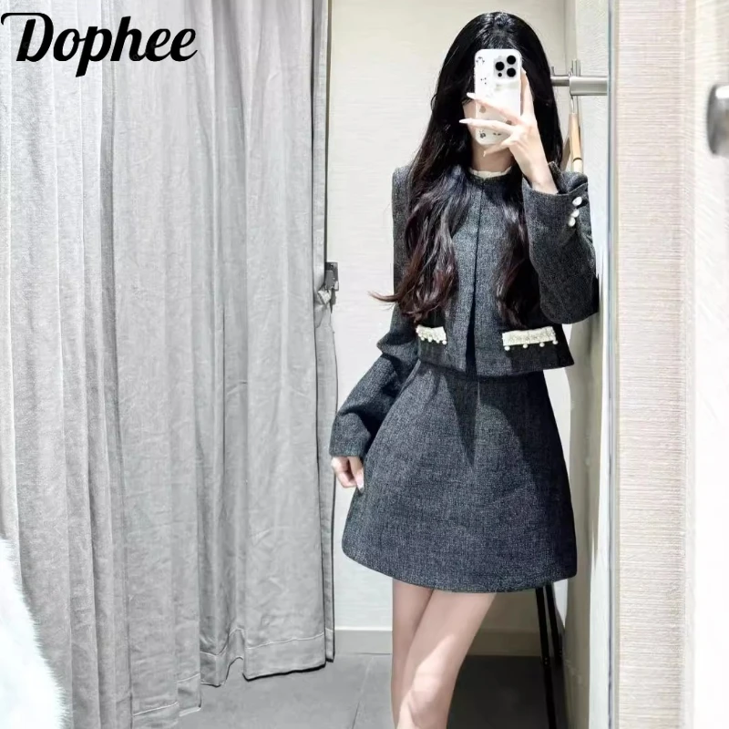 Dophee Fashion Lady Elegant Two-piece Set Autumn Winter Beads Long Sleeve Short Jacket Coat + Sleeveless Vests Dress Women Suits