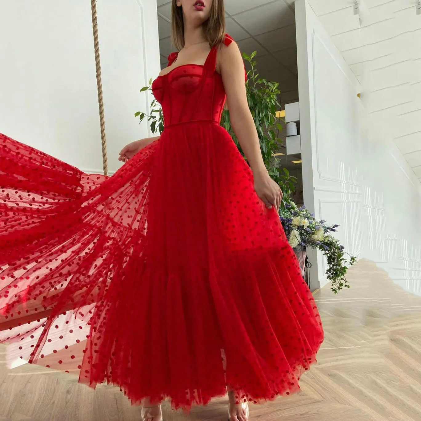 

Bafftafe Red A Line Dotted Tulle Homecoming Dresses Sweetheart Tied Straps Prom Dresses Ankle Length Midi Women Party Gowns