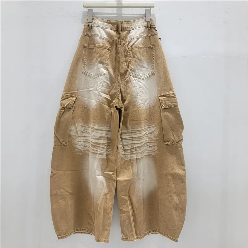 ANJY Spring Autumn New Women American Style Retro Ripped Rivet Ins Jeans Distressed Loose Casual Fit Wide Leg Denim Pants A25193