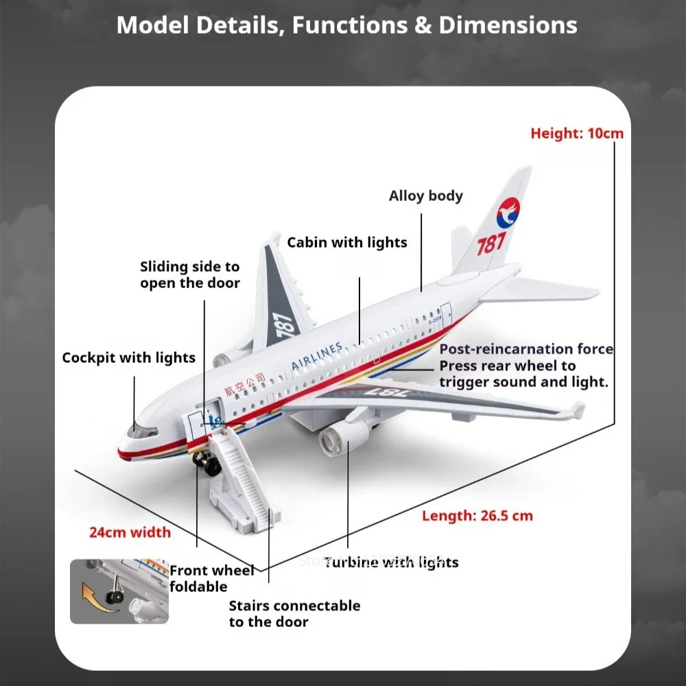787 C919 Airliner Model Diecast Alloy Toys Car Foldable Front Wheels Sound and Light Rubber Tire Pull Back Airplane Holiday Gift