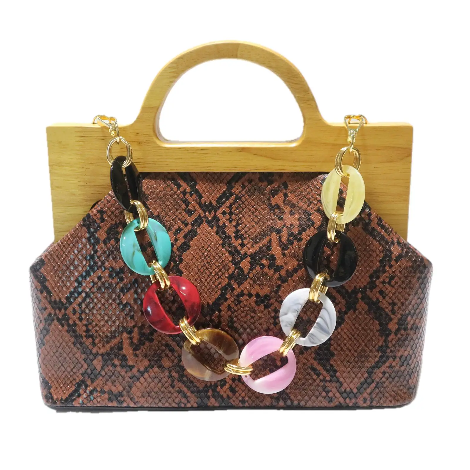 Dress Party Sandals Matching Sneakskin Pattern Handbag Open Square Toe Chunky Heels With Wooden Handle Bag Shoes And Bag Set