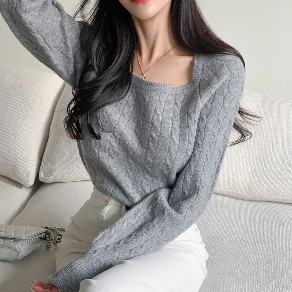 

Шикарный вязаный свитер с квадратным воротником, женский универсальный утягивающий винтажный свитер однотонного цвета, осень-зима, Новое поступление