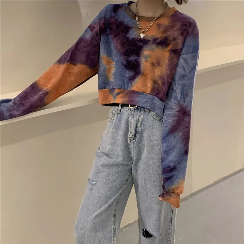 MEXZT Spring Streetwear Women Oversize Loose Pullovers Vintage Y2k Tie Dye Cropp Top Korean Fashion Long Sleeve Sweatshirts New