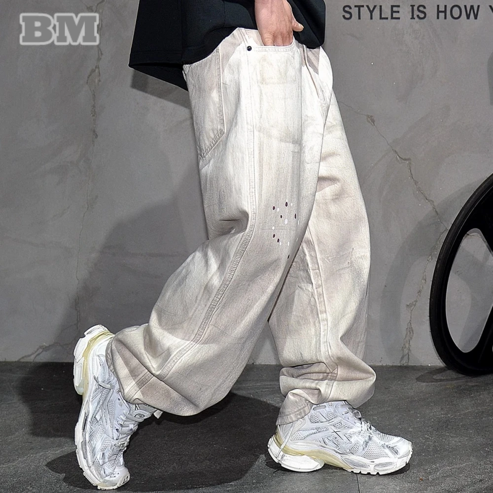

American High Street Distressed Baggy Jeans Streetwear Trendy Denim Cargo Pants Loose Fit Hip Hop Splatter Paint Dirty Wash