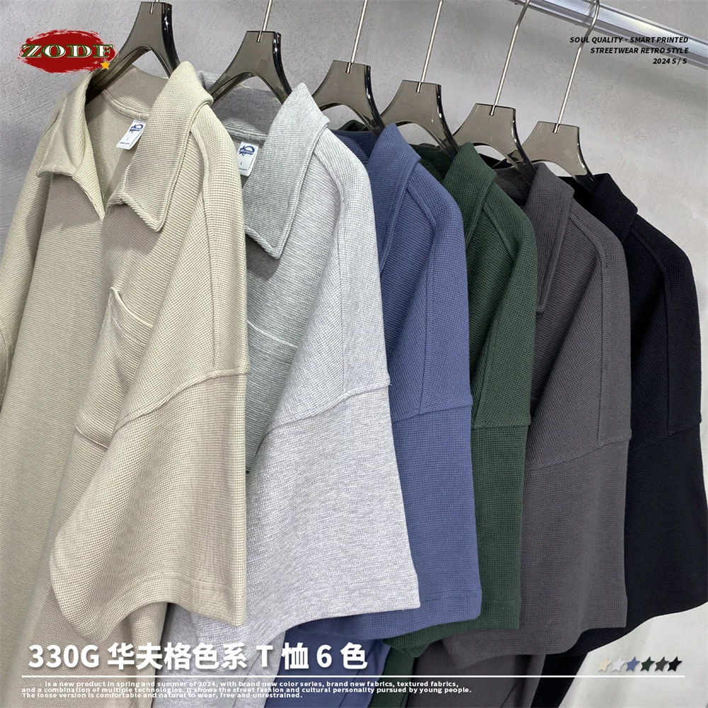 ZODF 2024 Spring Summer 330gsm Waffle T Shirts For Men Unisex Heavy Weight Oversized Pocket Turn Down Collar T-Shirt TEE HY0754
