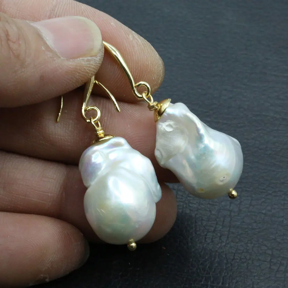 GuaiGuai Jewelry Cultured White Baroque Pearl Dangle Earrings Real Keshi Pearl Hook Earrings For Lady