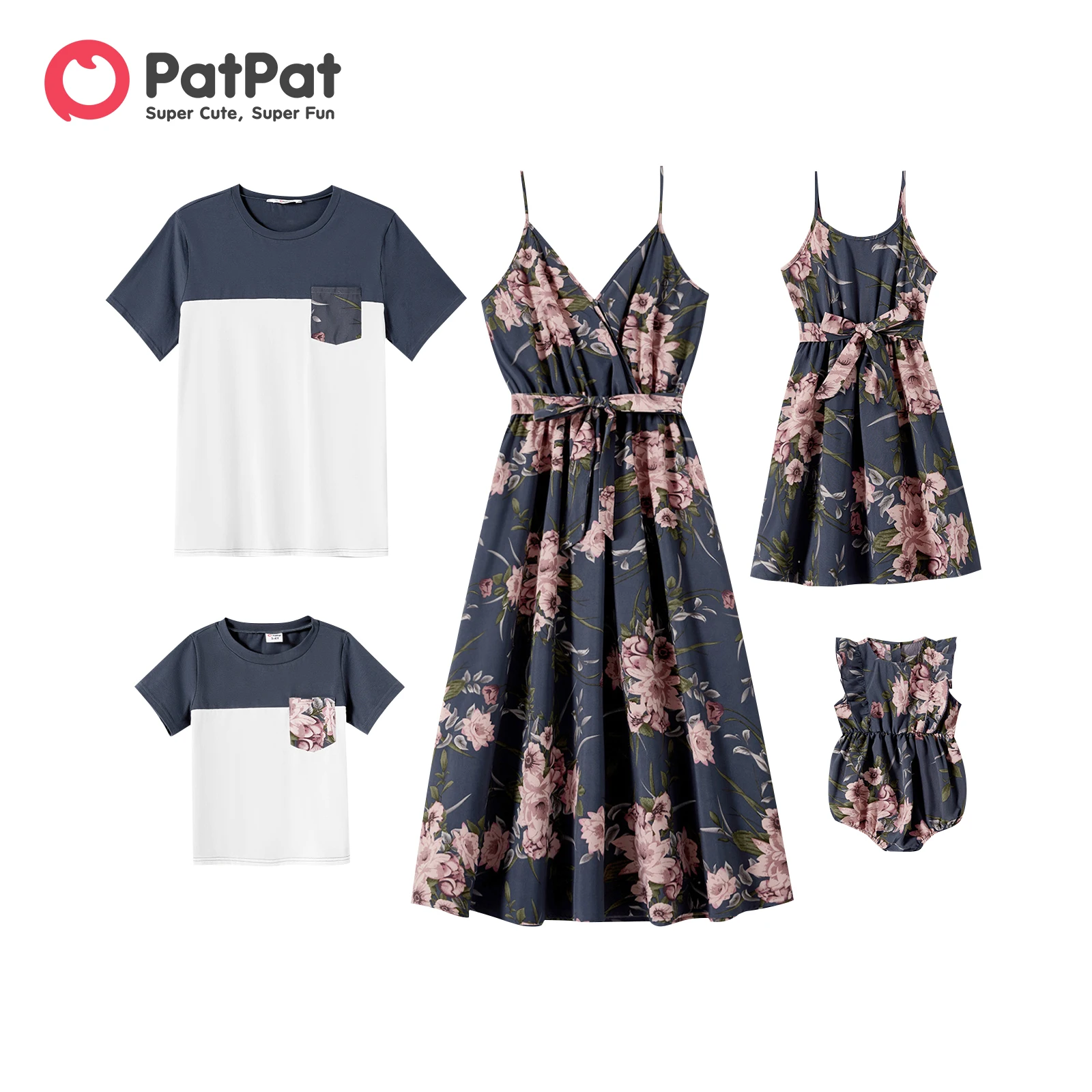 PatPat Family Matching Outfits Allover Floral Print Belted Cami Dresses and Short-sleeve Colorblock T-shirts Sets