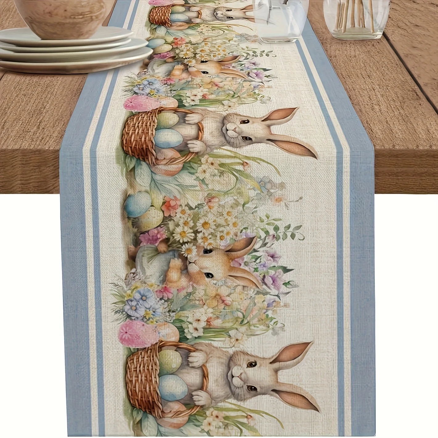 1 Easter Bunny Basket Table Runner 2D Single Print Pastel Home Decor Accessory Festive Holiday-Themed Durable Stylish Table Use