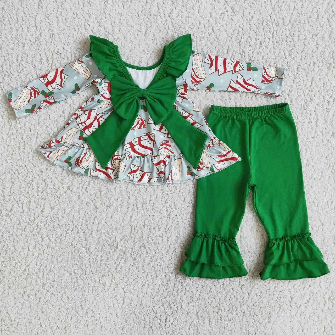 Wholesale Christmas Baby Girl Clothing Cake Bow Tunic Ruffle Cotton Green Pants Children Outfit Clothes