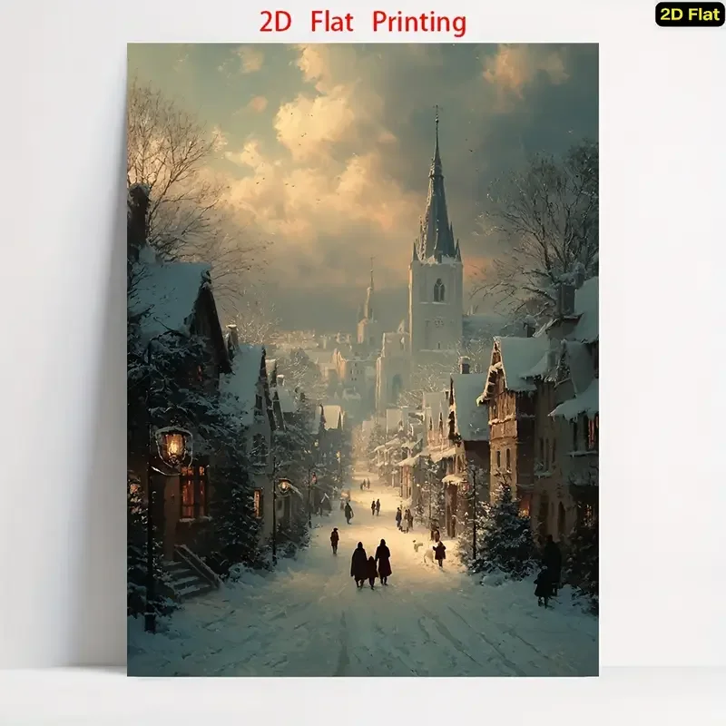 1pc Vintage European Winter Village Canvas Poster - Snow-Covered Cobblestone Streets & Half-Timbered Houses - Wrapped Canvas Unf