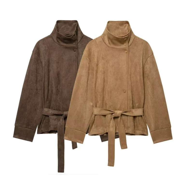 HipSeam Women's Faux Suede Jacket with Belted New 2026 Autumn High Neck Long Sleeve Pocket Button Women Winter Jacket Female Top