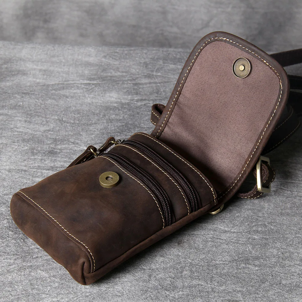 Hochwertige Echtleder-Brusttasche für Herren, Vintage Vollnarbenleder-Umhängetasche, Sling Bag, Tagesrucksack, Mini-Handytasche – Detail 10