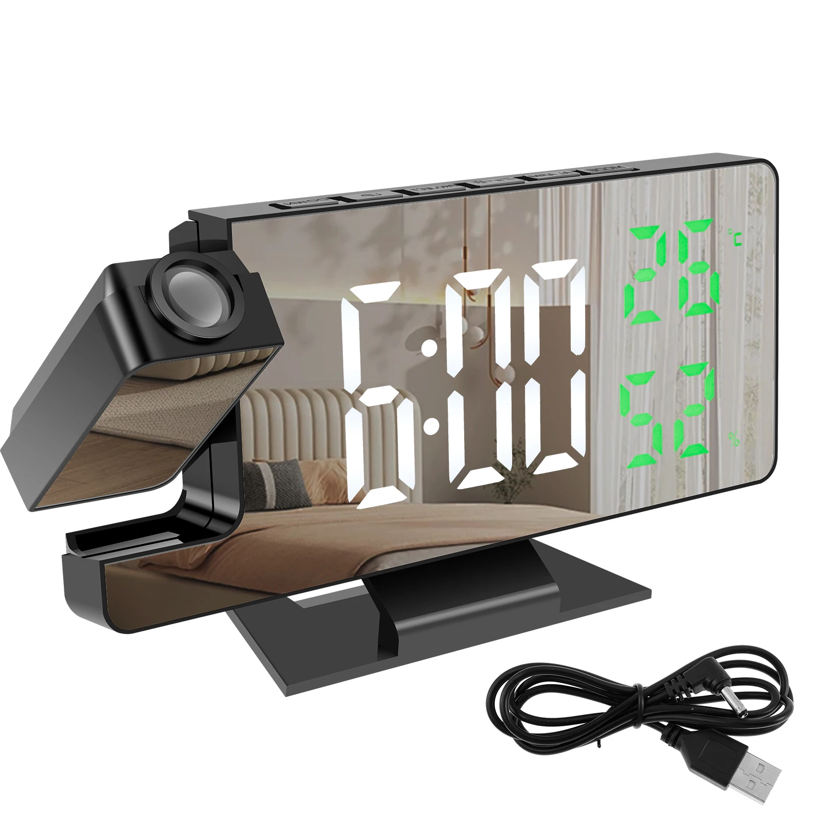 Despertador digital de proyección 180 ° Reloj despertador LED de proyección de brazo, enchufe USB multifuncional, proyector, reloj LED de escritorio