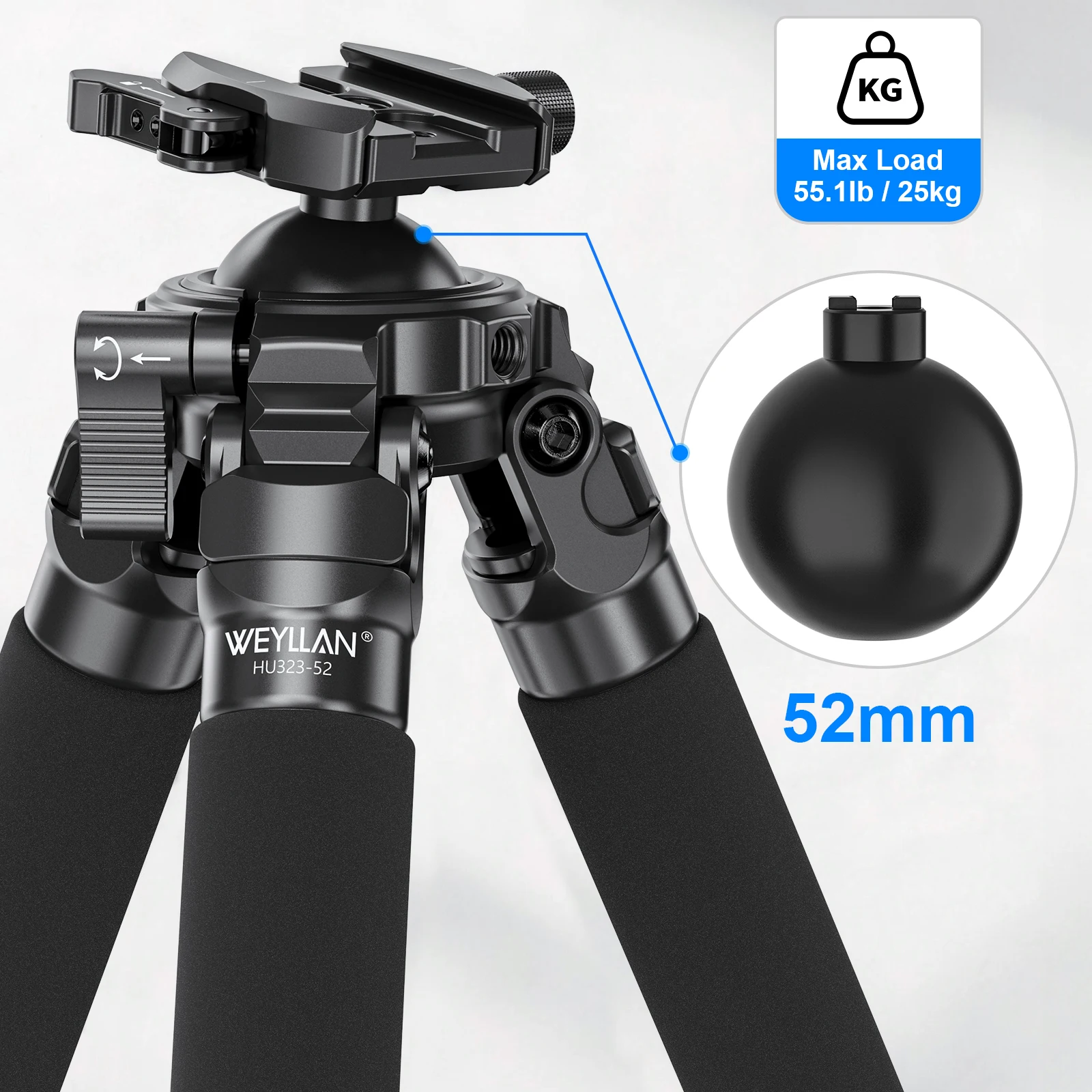 WEYLLAN HU323 카본 파이버 삼각대(52mm 레버 볼 헤드 내장, 32mm 튜브 경량 카메라 삼각대)